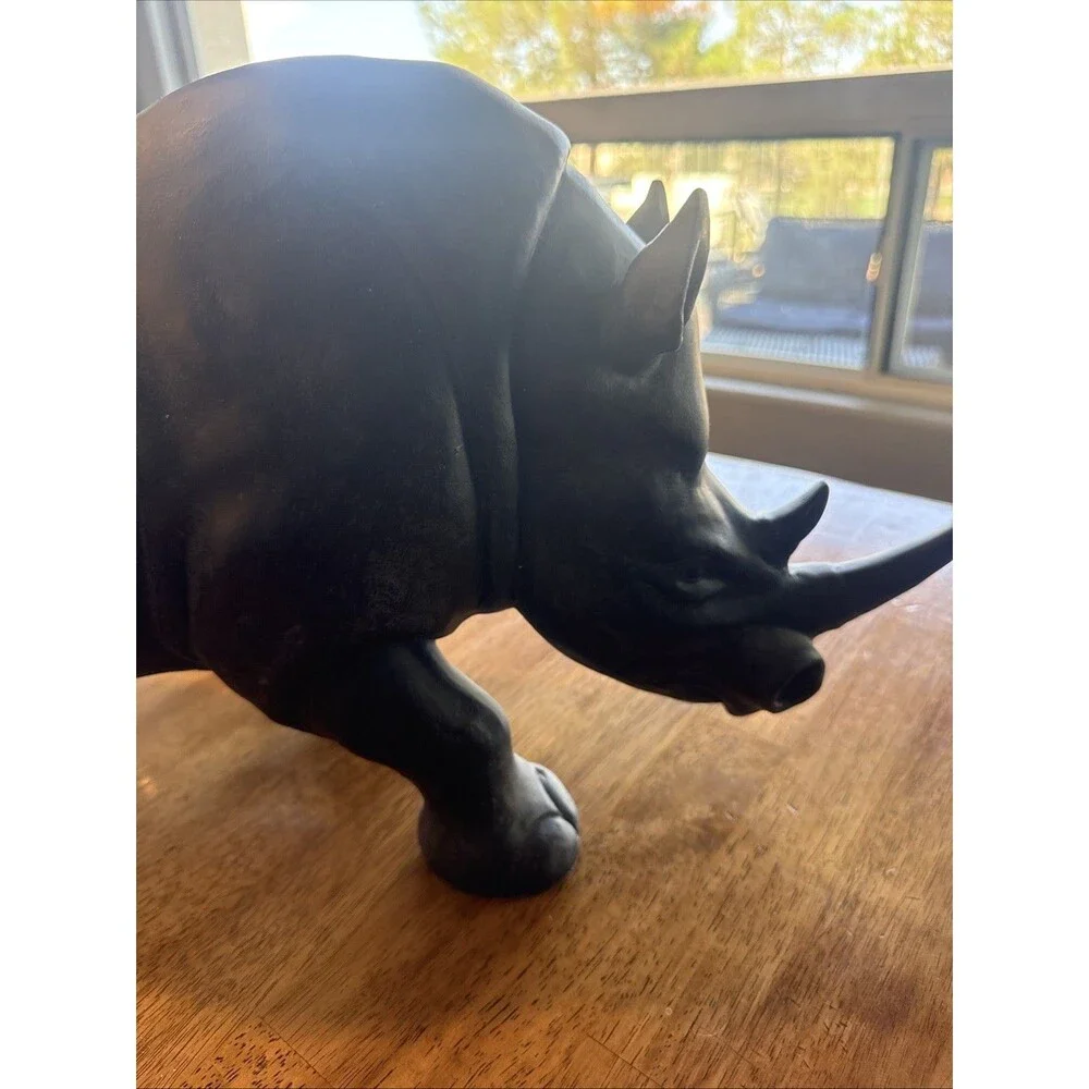Large Black Rhinoceros Statue Figurine Distressed Safari Animal Home Décor